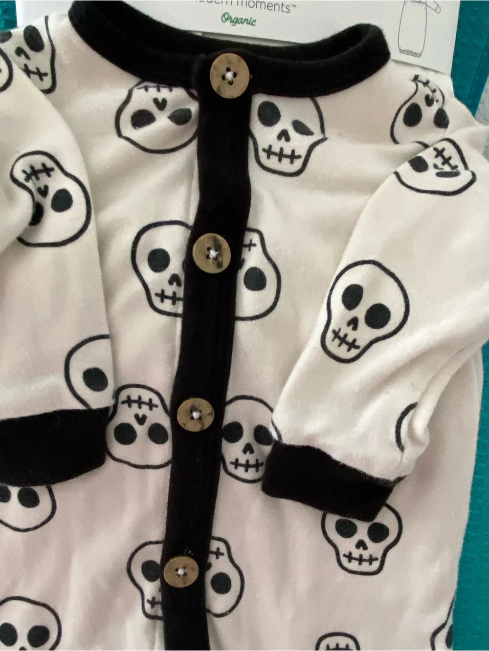 Celebrate Baby “Skeleton Romper w/Wood Buttons” Size 3-6mo White/Black NWOT
